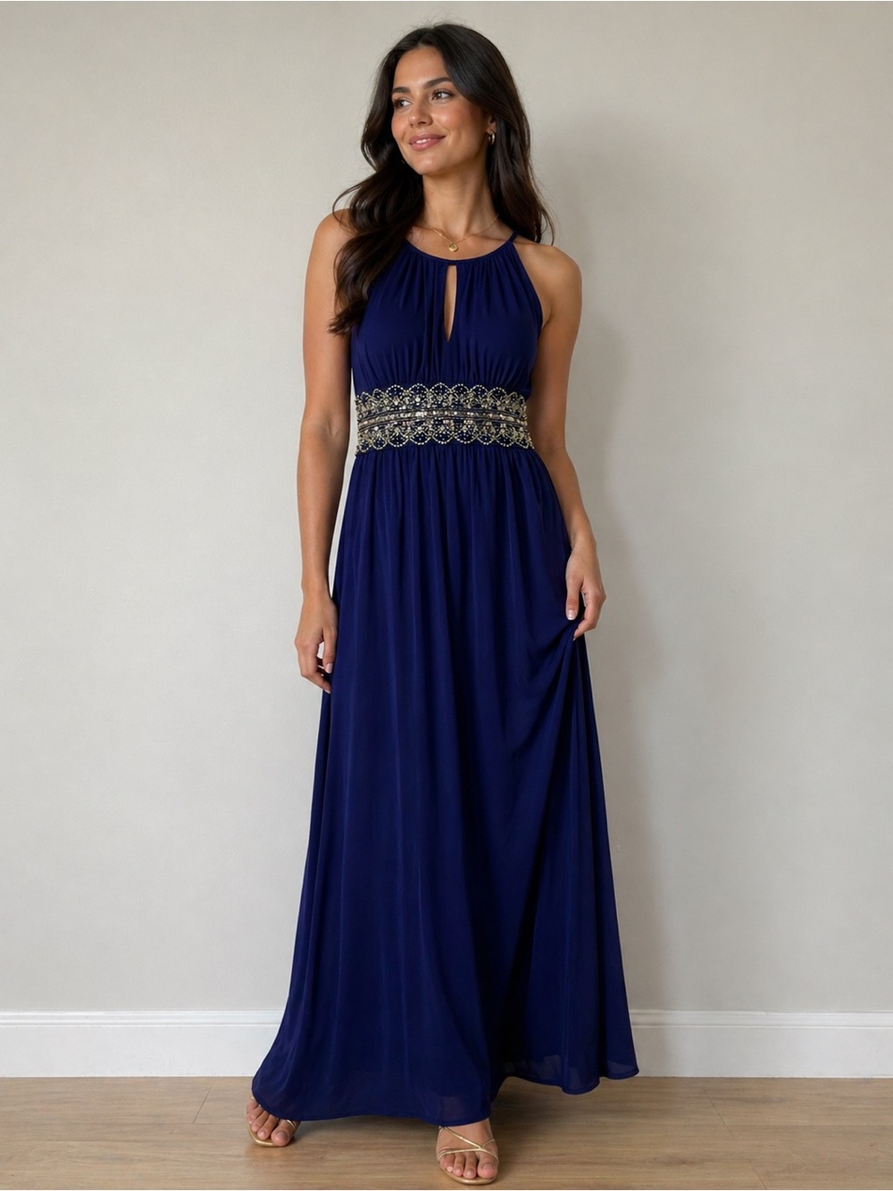 Navy Embellished Waist Halter Maxi Dress